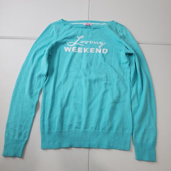 Lilly Pulitzer Sweater Womens Medium Blue Looong Weekend Cotton Pullover Top - Picture 1 of 10